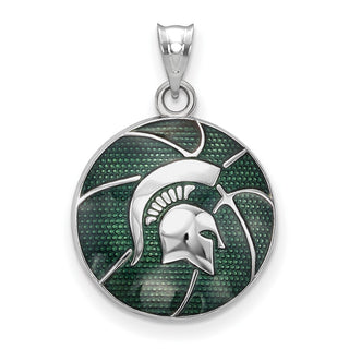 Sterling Silver Rhodium-plated LogoArt Michigan State University Spartan Enameled Basketball Pendant