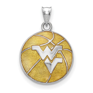 Sterling Silver Rhodium-plated LogoArt West Virginia University W-V Enameled Basketball Pendant