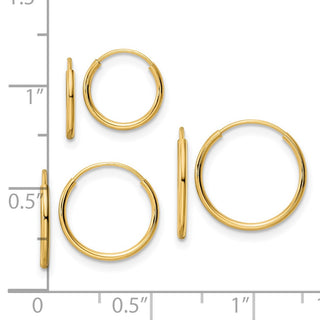 14k Yellow Gold 10mm Polished Endless Hoop Earrings 3 Piece Set