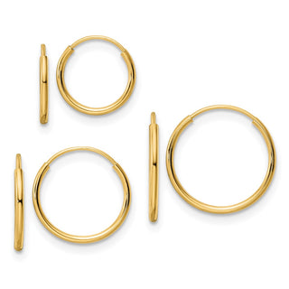 14k Yellow Gold 10mm Polished Endless Hoop Earrings 3 Piece Set