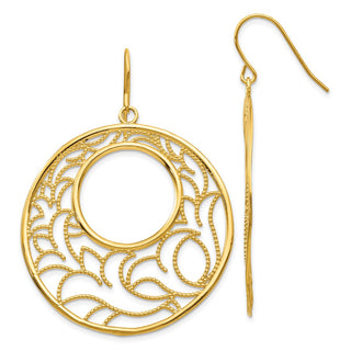14k Yellow Gold 52mm Circle Cutout Fleur-de-Lis Design Dangle Earrings