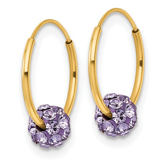 14k Gold 13mm Polished Lavender Crystal & Resin Bead Endless Hoop Earrings