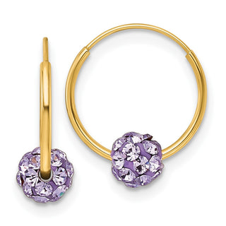 14k Gold 13mm Polished Lavender Crystal & Resin Bead Endless Hoop Earrings
