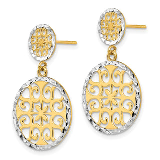 14k Yellow Gold & Rhodium-Plating 28mm Diamond-cut Circles Dangle Post Earrings