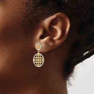 14k Yellow Gold & Rhodium-Plating 28mm Diamond-cut Circles Dangle Post Earrings
