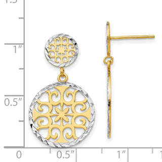 14k Yellow Gold & Rhodium-Plating 28mm Diamond-cut Circles Dangle Post Earrings