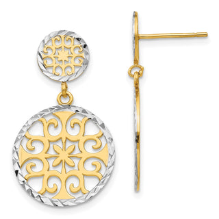 14k Yellow Gold & Rhodium-Plating 28mm Diamond-cut Circles Dangle Post Earrings