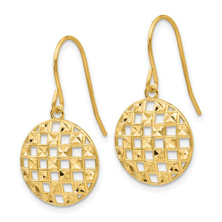 14k Yellow Gold 25mm Circle Diamond-cut Shepherd Hook Dangle Earrings