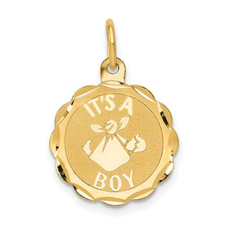 14k Yellow Gold Polished ITS A BOY Scalloped Disc Charm