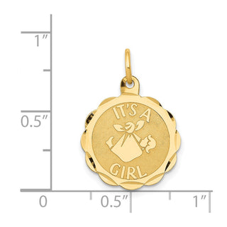 14k Yellow Gold Polished ITS A GIRL Scalloped Disc Charm