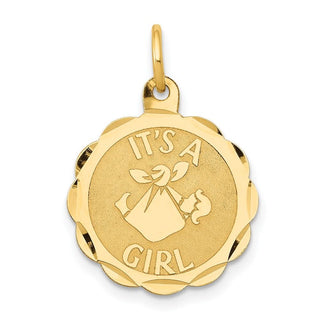 14k Yellow Gold Polished ITS A GIRL Scalloped Disc Charm