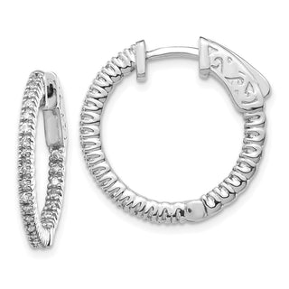 14k White Gold 15mm Diamond Round Elegant Hoop w/Safety Clasp Earrings