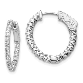 14k White Gold 14mm Diamond Round Hoop w/Safety Clasp Earrings