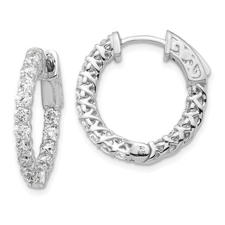 14k White Gold 14mm Diamond Round Cutout Design Hoop w/Safety Clasp Earrings