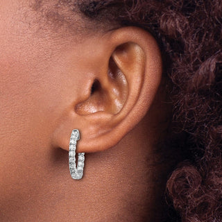 14k White Gold 15mm Diamond Round Hoop w/Safety Clasp Earrings