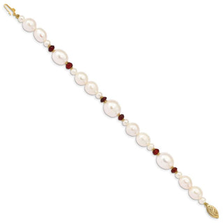 7.25" 14K Yellow Gold White Freshwater Cultured Pearl Faceted 4.0ctw Garnet Bead Bracelet