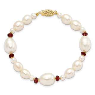 7.25" 14K Yellow Gold White Freshwater Cultured Pearl Faceted 4.0ctw Garnet Bead Bracelet