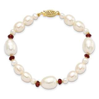 7.25" 14K Yellow Gold White Freshwater Cultured Pearl Faceted 4.0ctw Garnet Bead Bracelet