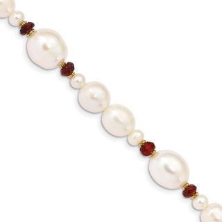 7.25" 14K Yellow Gold White Freshwater Cultured Pearl Faceted 4.0ctw Garnet Bead Bracelet