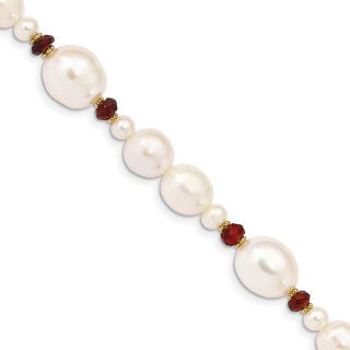 7.25" 14K Yellow Gold White Freshwater Cultured Pearl Faceted 4.0ctw Garnet Bead Bracelet