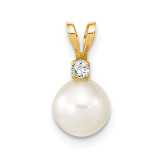 14k Yellow Gold 6-7mm Round White Freshwater Cultured Pearl Diamond Pendant