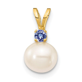 14k Yellow Gold 7-7.5mm White Round Freshwater Cultured Pearl Tanzanite Pendant
