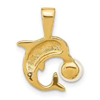 14k Yellow Gold 5-6mm White Button Freshwater Cultured Pearl Dolphin Pendant