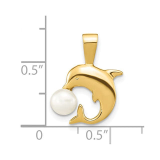 14k Yellow Gold 5-6mm White Button Freshwater Cultured Pearl Dolphin Pendant