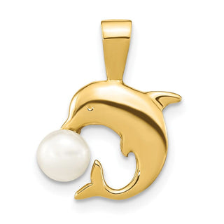14k Yellow Gold 5-6mm White Button Freshwater Cultured Pearl Dolphin Pendant