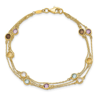 14k Yellow Gold Smoky Quartz White Quartz/BT/CI/AM 3-strand 7.5in Bracelet