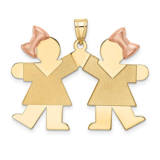 14k Yellow and Rose Gold Double Girl Kids Pink Bow Pendant