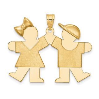 14k Yellow Gold Solid Girl On Left and Boy On Right Pendant