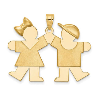 14k Yellow Gold Solid Girl On Left and Boy On Right Pendant