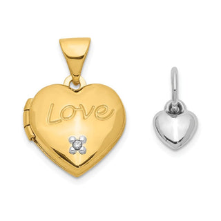 14k Two-tone Gold 12mm Diamond LOVE w/Heart Charm Heart Locket Pendant