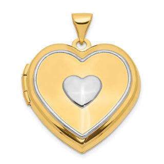 14k Two-tone Gold w/ White Rhodium Heart w/Key Charm Inside Heart Locket Pendant
