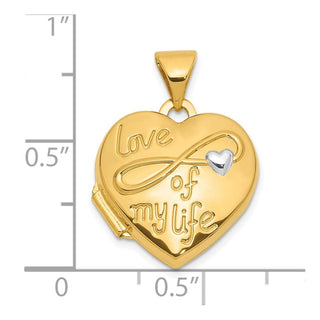 14K Yellow Gold and White Rhodium-plating Polished LOVE OF MY LIFE 15mm Heart Locket Pendant
