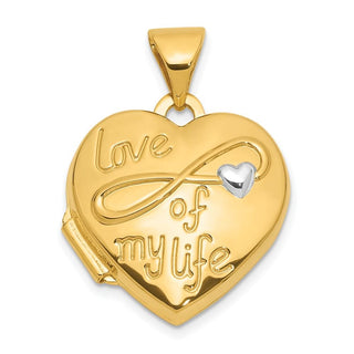 14K Yellow Gold and White Rhodium-plating Polished LOVE OF MY LIFE 15mm Heart Locket Pendant