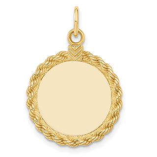 27mm x 17mm 14k Yellow Gold Plain .013 Gauge Round Engravable Disc w/ Rope Charm