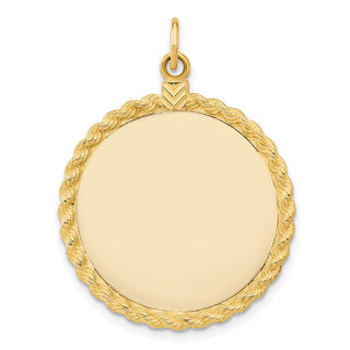 36mm x 26mm 14k Yellow Gold Plain .013 Gauge Round Engravable Disc w/ Rope Charm