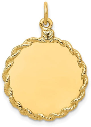 36mm x 26mm 14k Yellow Gold Plain .013 Gauge Round Engravable Disc w/ Rope Charm