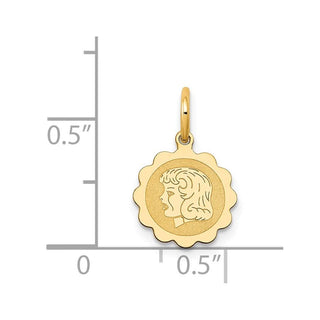 14k Yellow Gold Girl Head on .009 Gauge Engravable Scalloped Disc Charm XM66/09