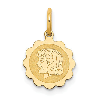 14k Yellow Gold Girl Head on .009 Gauge Engravable Scalloped Disc Charm XM66/09