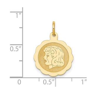 14k Yellow Gold Girl Head on .013 Gauge Engravable Scalloped Disc Charm XM68/13