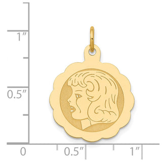 14k Yellow Gold Girl Head on .013 Gauge Engravable Scalloped Disc Charm XM70/13