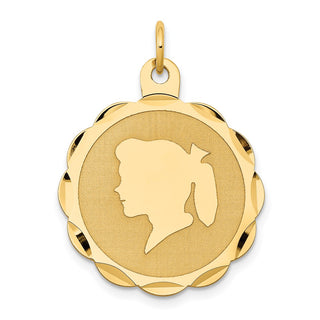 14k Yellow Gold Girl Head On .013 Gauge Engravable Scalloped Disc Charm XM86/13