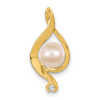 14k Yellow Gold 5.5mm White Round Freshwater Cultured Pearl AA Diamond Pendant