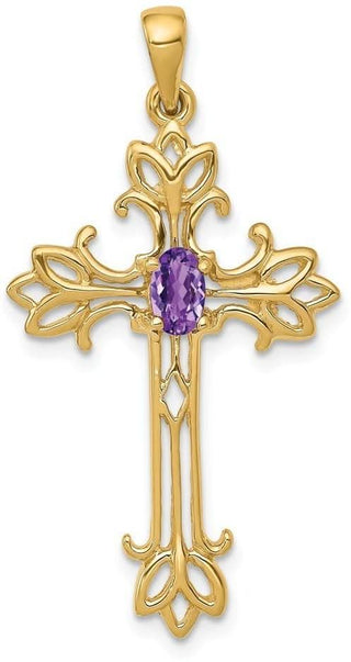 14k Yellow Gold Polished Amethyst Cross Pendant