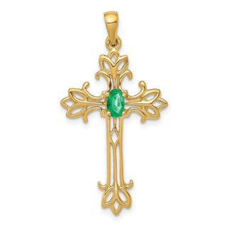 14k Yellow Gold 5x3mm Oval Emerald cross pendant