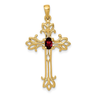 14k Yellow Gold 5x3mm Oval Garnet cross pendant