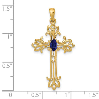 14k Yellow Gold 5x3mm Oval Sapphire cross pendant